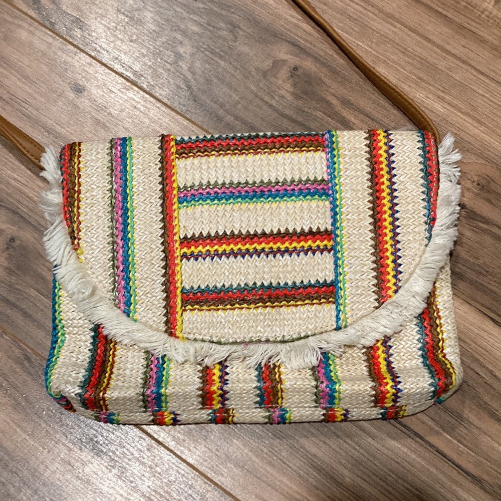 Bohemian cross body purse multi color weaved purse with fringe ~ straw look